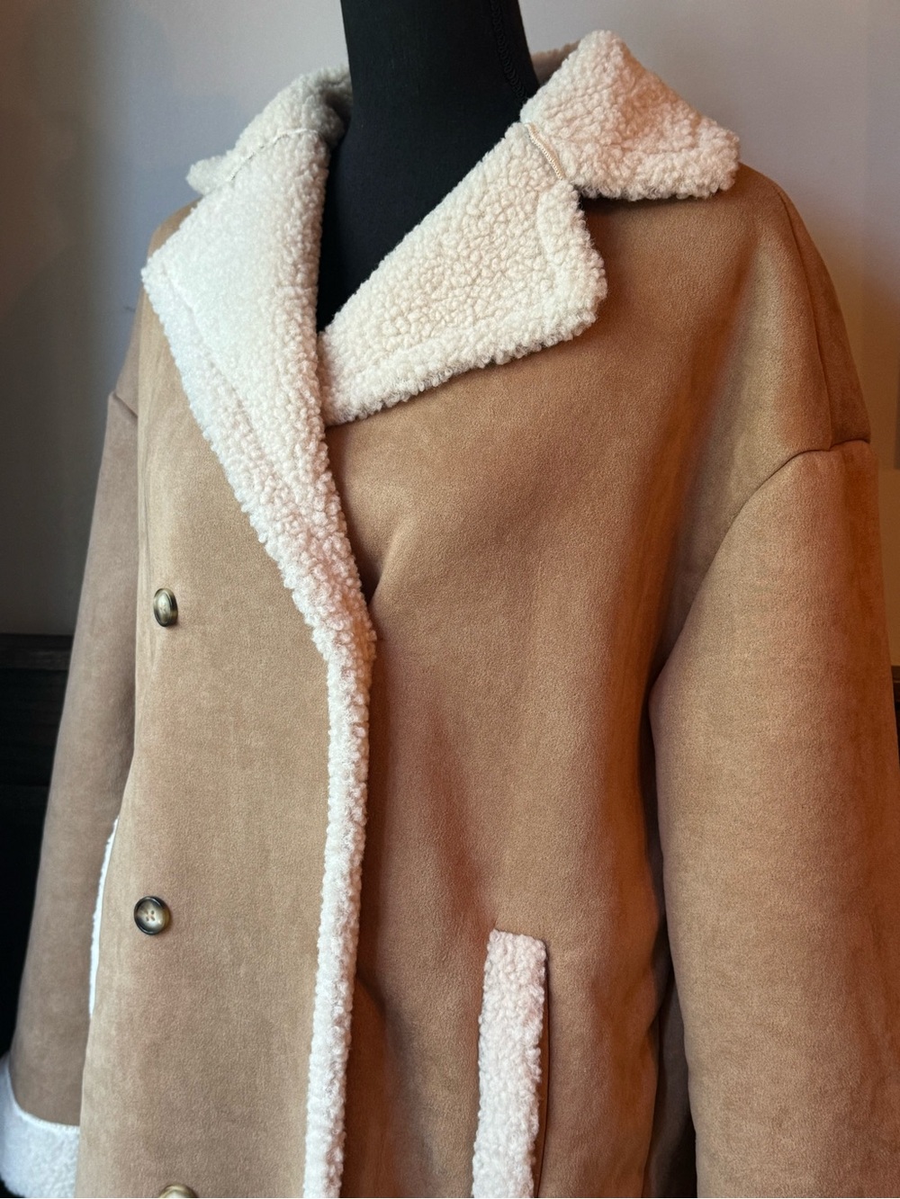 Yozy Long Double-Breasted Shearling-Trim Trench Coat in Camel NWT Medium - Picture 6 of 9